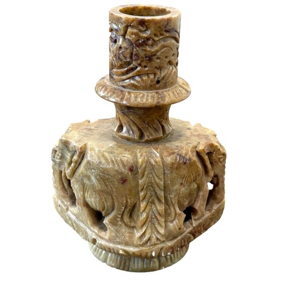 Vintage Chinese Hand-Carved Soapstone Vase With Elephant & Dragon Motif - Picture 3 of 4